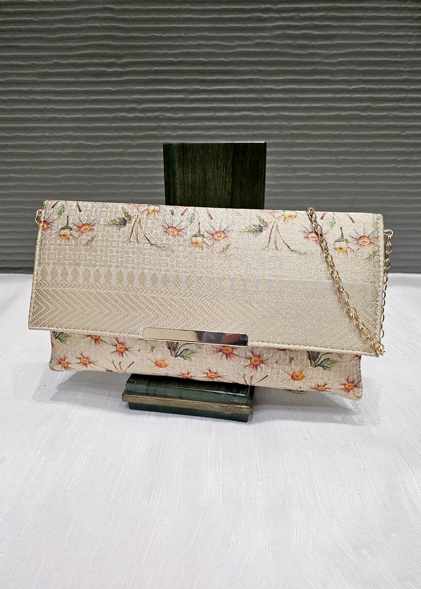 Cream Zari Woven Art Silk  Clutch with golden Sling 1 - Clutch D.No.01 P7 Cream Full Image