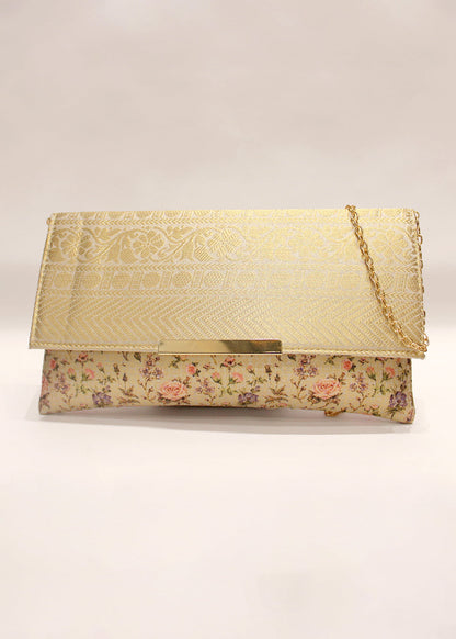 Dark Cream Floral Printed Zari Woven Art Silk Clutch with golden Sling - Clutch D.No.02 P27 Full Image