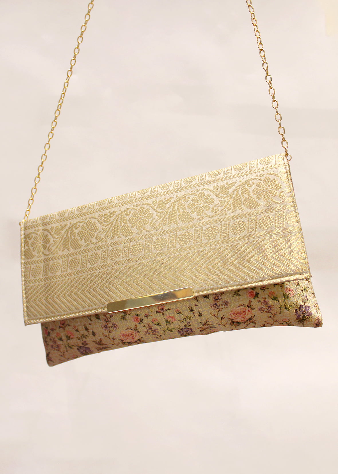 Dark Cream Floral Printed Zari Woven Art Silk Clutch with golden Sling - Clutch D.No.02 P27 Side View Image