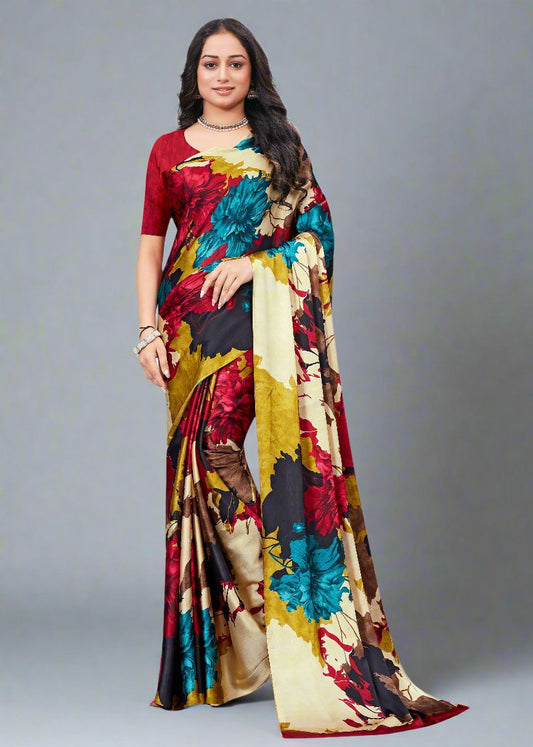 Designer Satin Crepe Saree in Multicolor with Beautiful Floral Prints - Signature Prints 7714-D Multicolor Front View