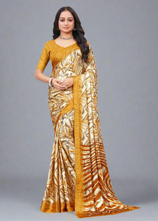 Designer Yellow Satin Crepe Saree Adorned with Leafy Prints