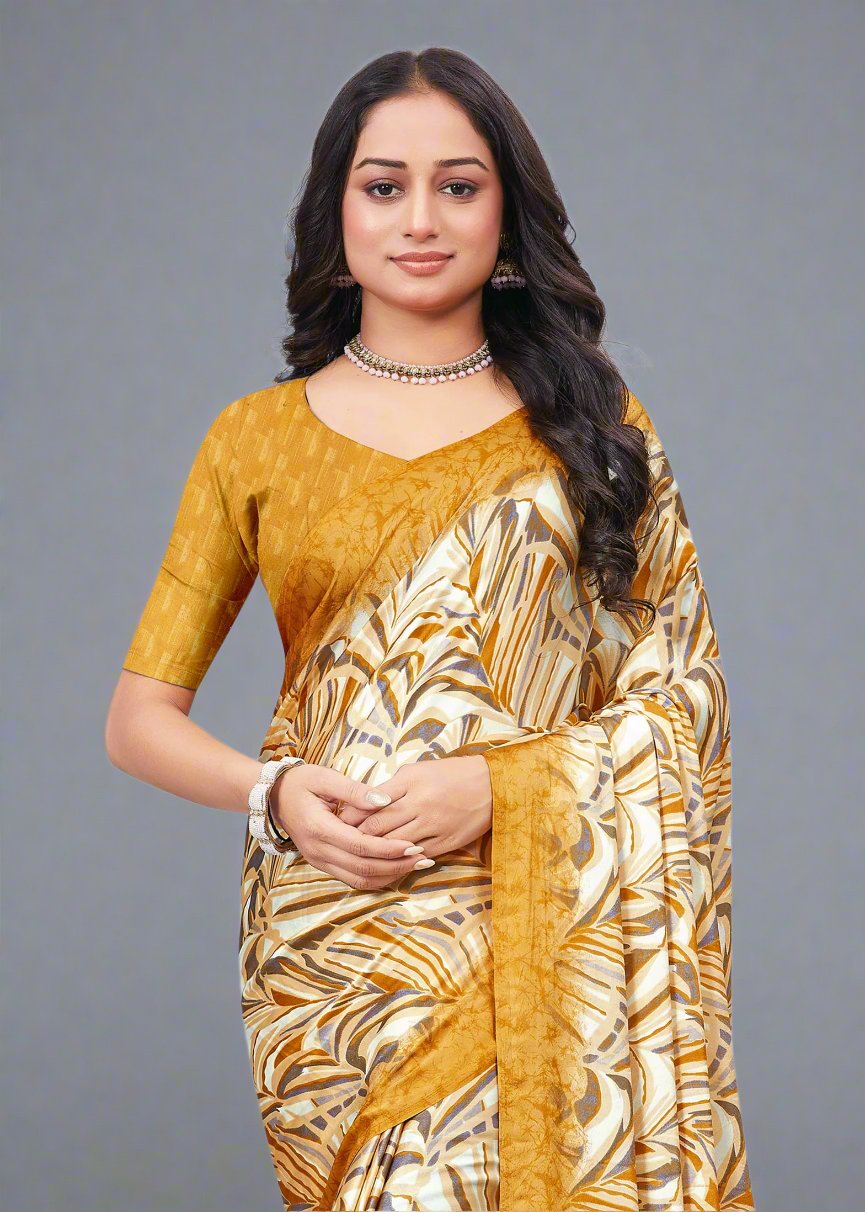 Designer Yellow Satin Crepe Saree Adorned with Leafy Prints