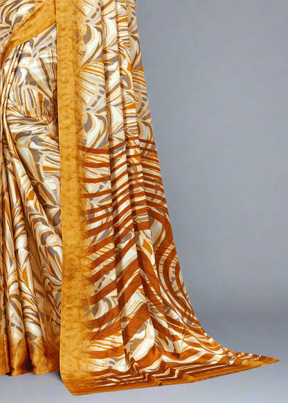 Designer Yellow Satin Crepe Saree Adorned with Leafy Prints