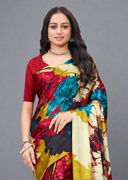 Designer Satin Crepe Saree in Multicolor with Beautiful Floral Prints - Signature Prints 7714-D Multicolor Zoom View