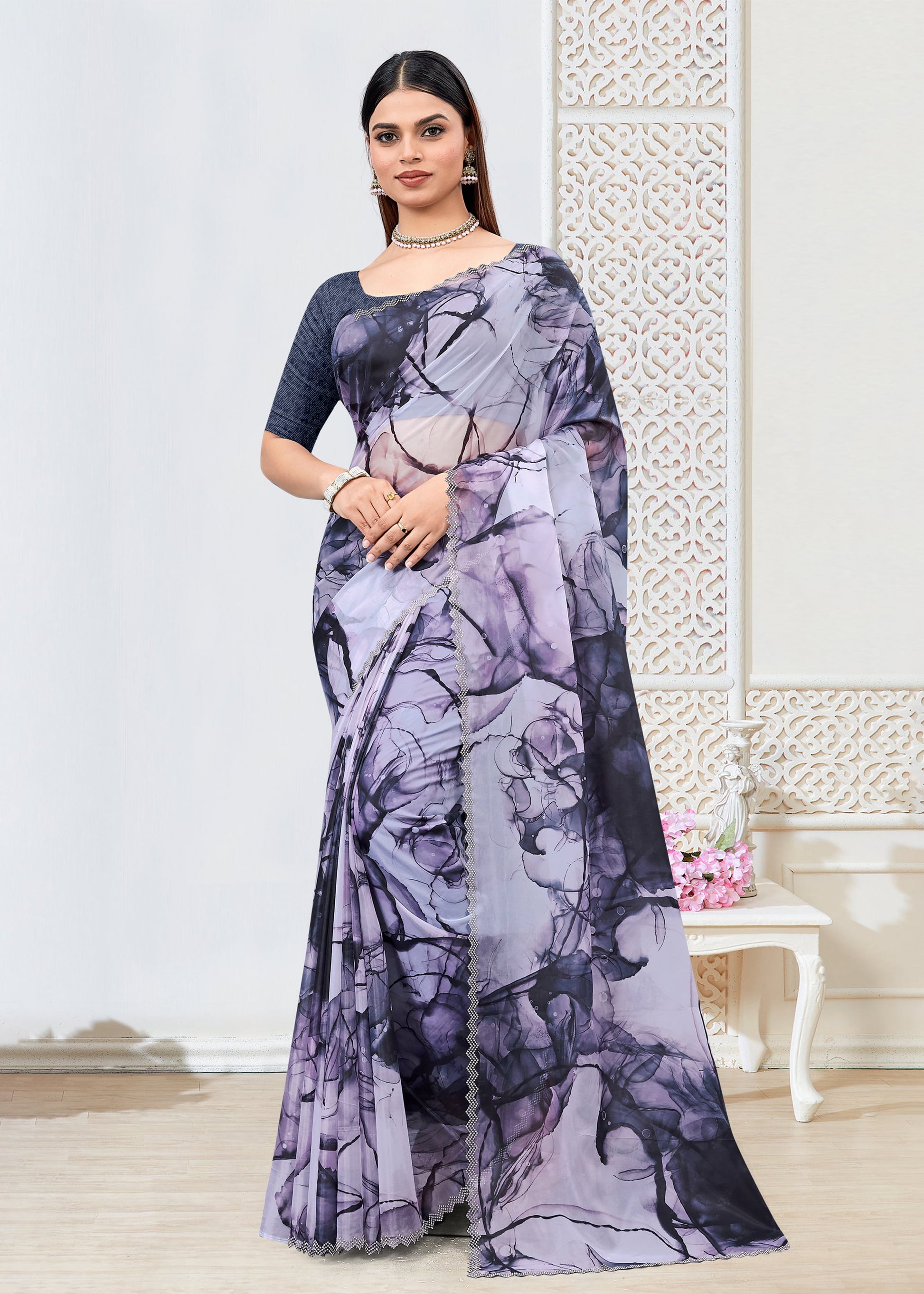 Digital Abstract Print Multicolor Organza Saree with Elegant Stone-Studded Border - Panton Prints 41068 - Multicolor Pose 1