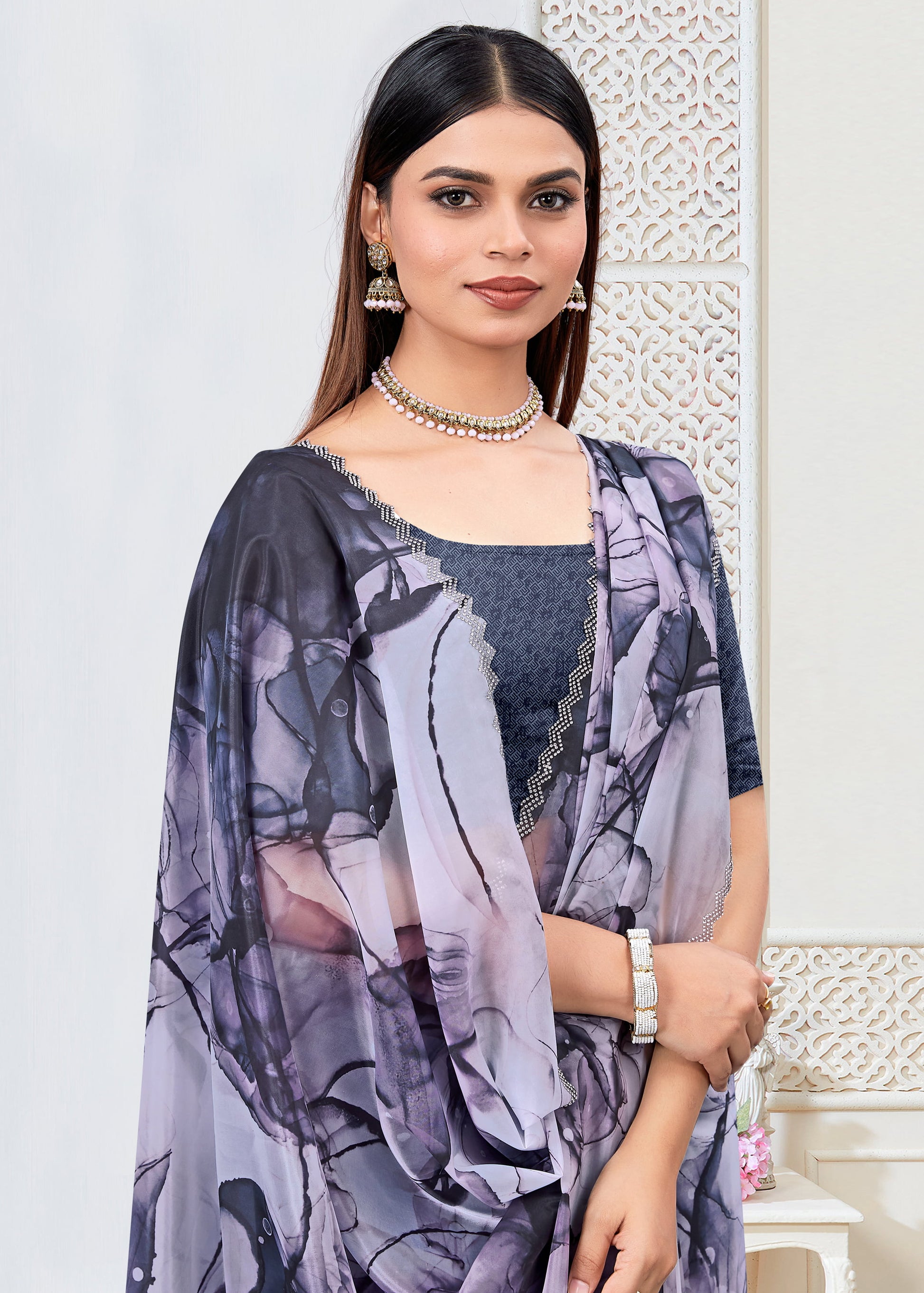 Digital Abstract Print Multicolor Organza Saree with Elegant Stone-Studded Border - Panton Prints 41068 - Multicolor Pose 2