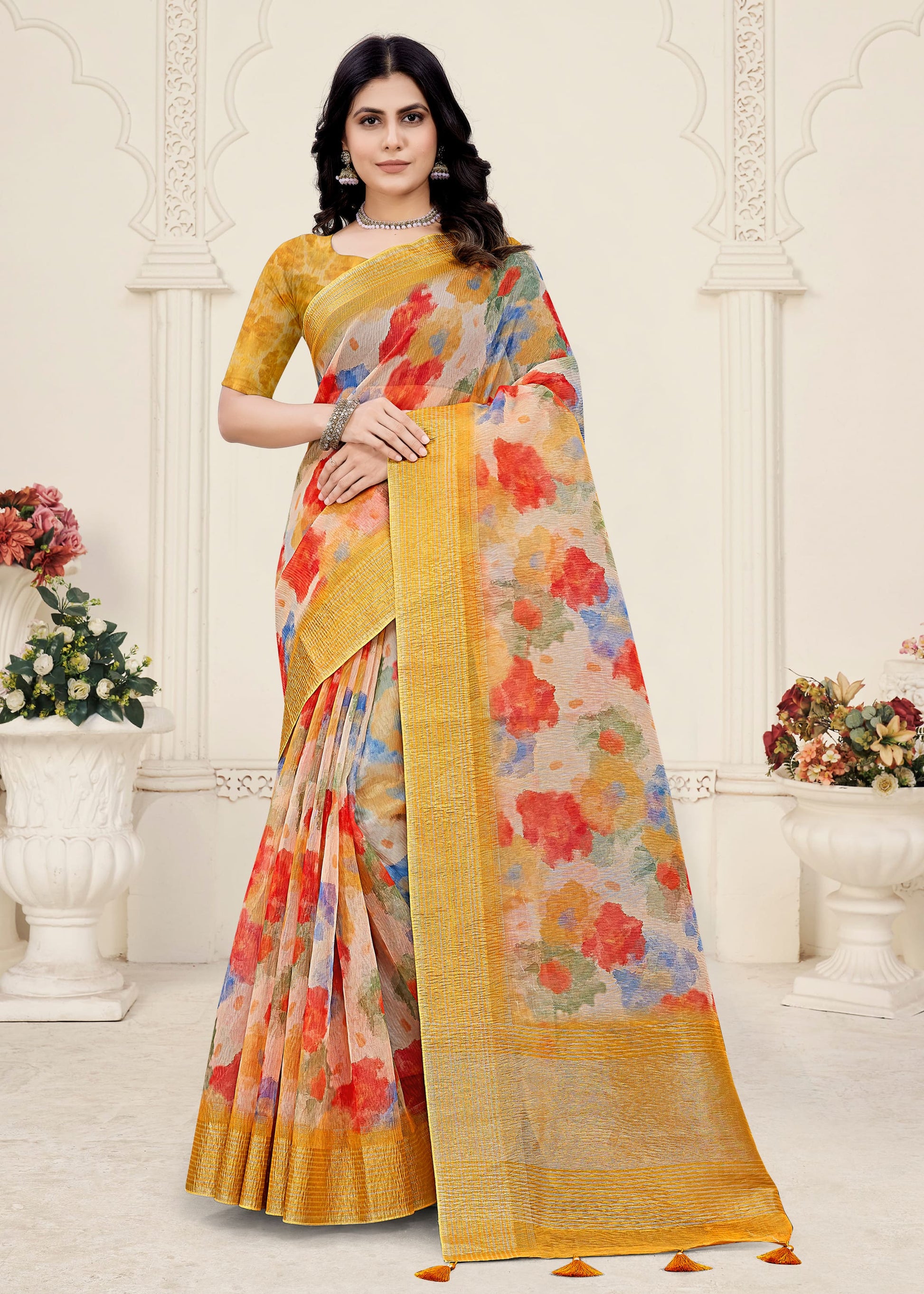 Digital Abstract Printed Yellow Crushed Silk Saree Adorned with Zari Border and Tassels - Crush Prints 9110 Yellow Pose 1