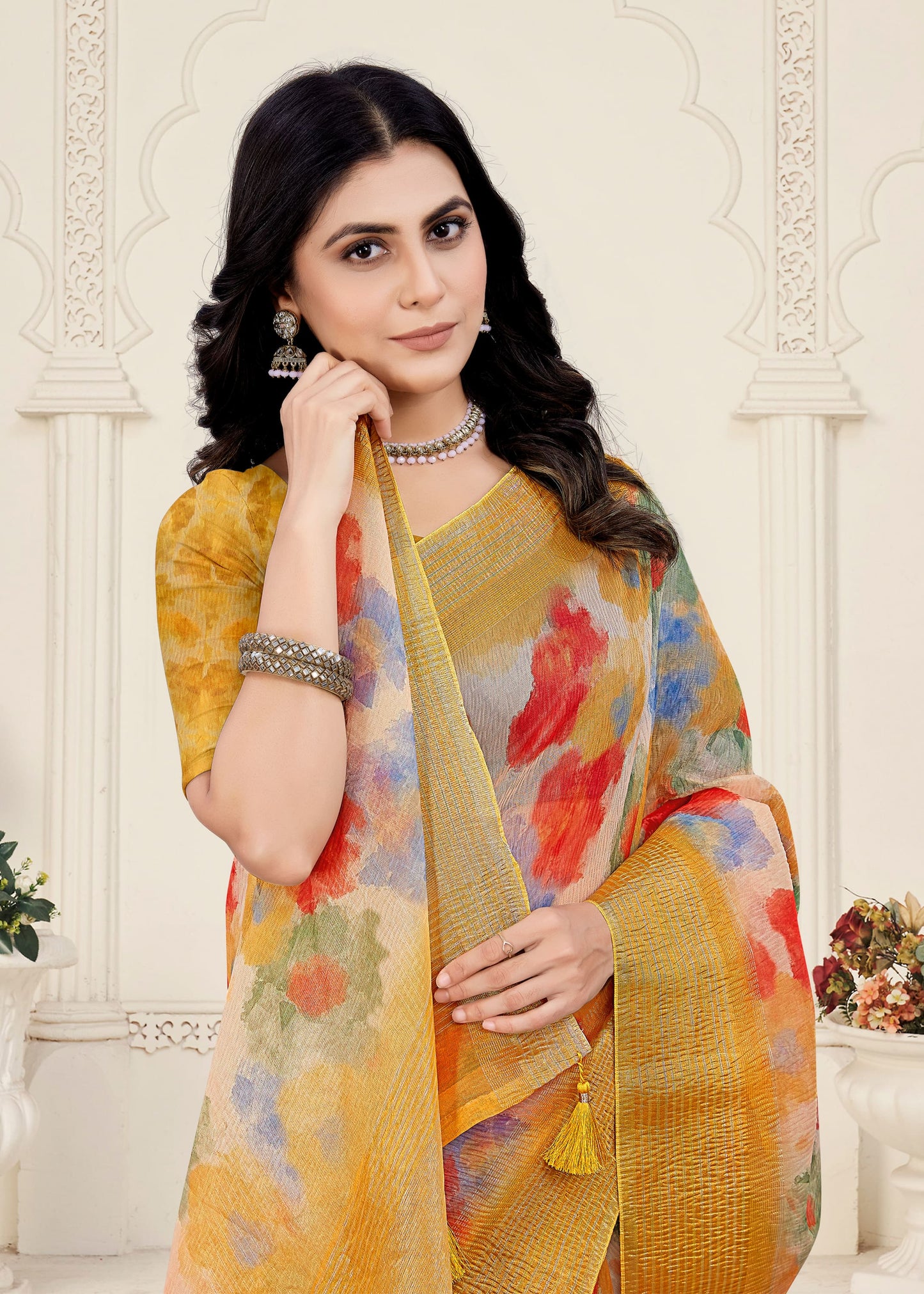 Digital Abstract Printed Yellow Crushed Silk Saree Adorned with Zari Border and Tassels - Crush Prints 9110 Yellow Pose 2