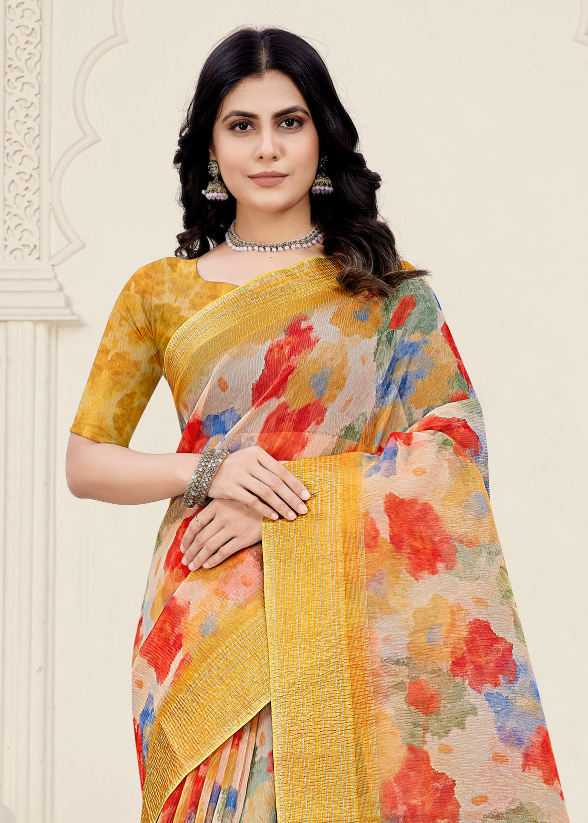 Digital Abstract Printed Yellow Crushed Silk Saree Adorned with Zari Border and Tassels - Crush Prints 9110 Yellow Pose 3