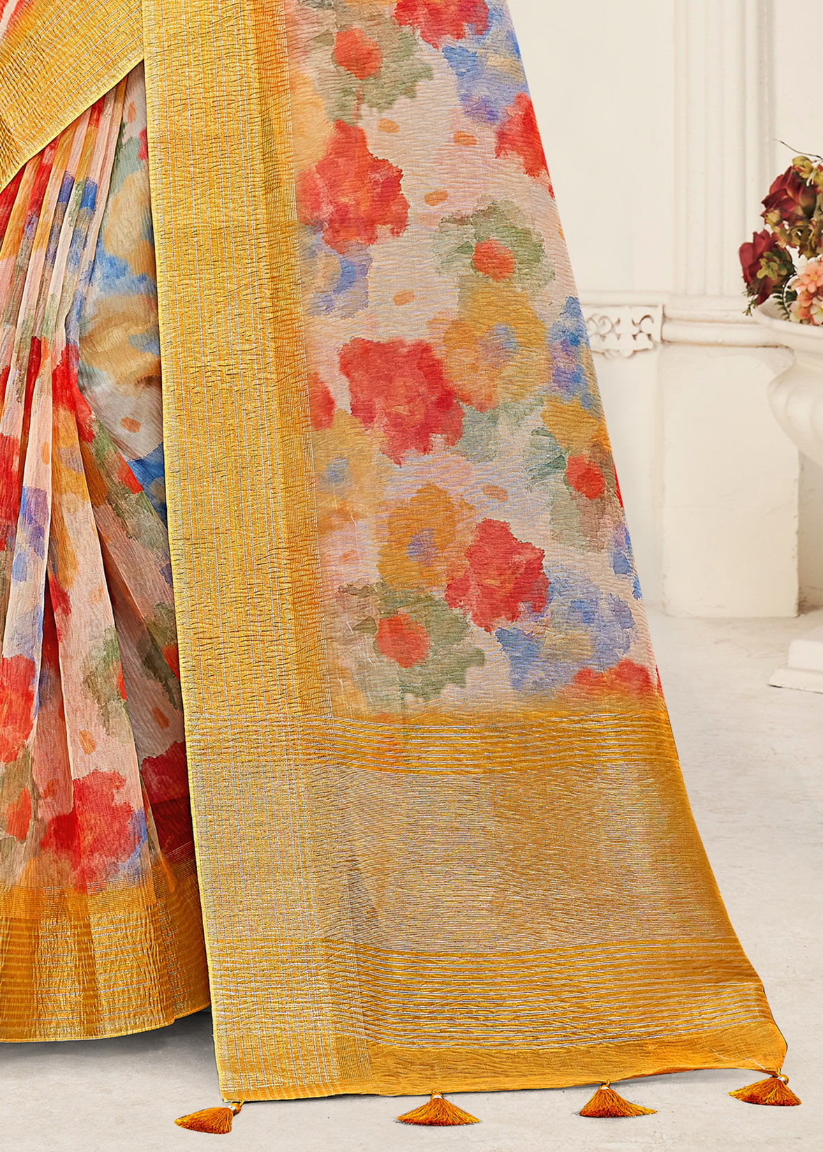 Digital Abstract Printed Yellow Crushed Silk Saree Adorned with Zari Border and Tassels - Crush Prints 9110 Yellow Pose 4