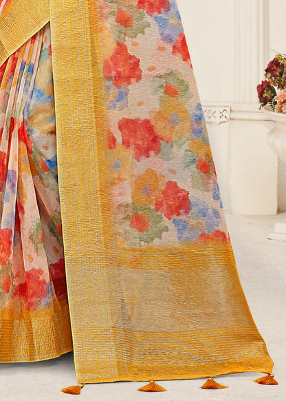 Digital Abstract Printed Yellow Crushed Silk Saree Adorned with Zari Border and Tassels - Crush Prints 9110 Yellow Pose 4