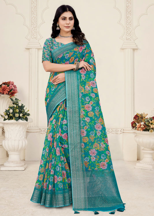 Digital Floral Print Jungle Green Crush Silk Saree with Intricate Zari Woven Border - Crush Prints 9112 Jungle Green Modeling 1