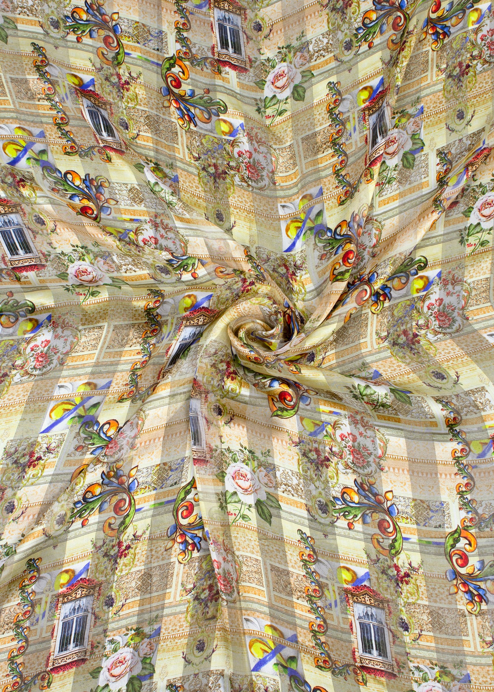 Digitally Printed Pure Georgette Satin Pattern Fabric with Multicolor Ethnic Motifs - Pure Georgette Satin Pattern 9006 Multicolor Modeling 1