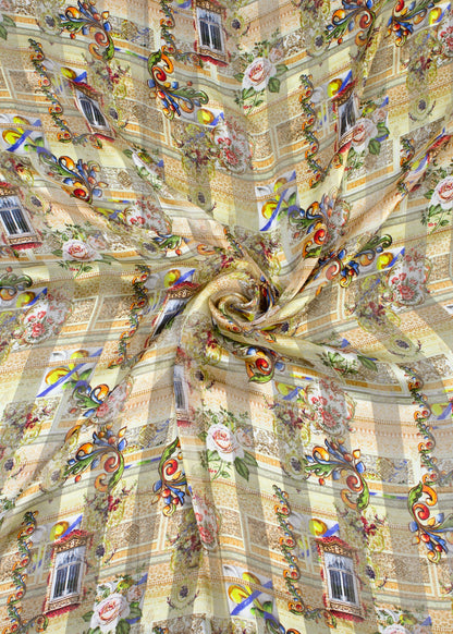 Digitally Printed Pure Georgette Satin Pattern Fabric with Multicolor Ethnic Motifs - Pure Georgette Satin Pattern 9006 Multicolor Modeling 1