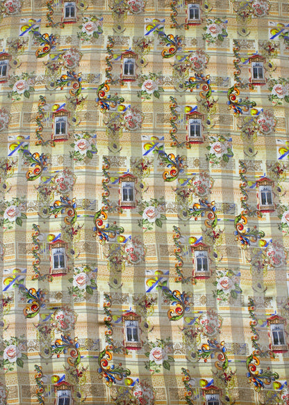 Digitally Printed Pure Georgette Satin Pattern Fabric with Multicolor Ethnic Motifs - Pure Georgette Satin Pattern 9006 Multicolor Modeling 2