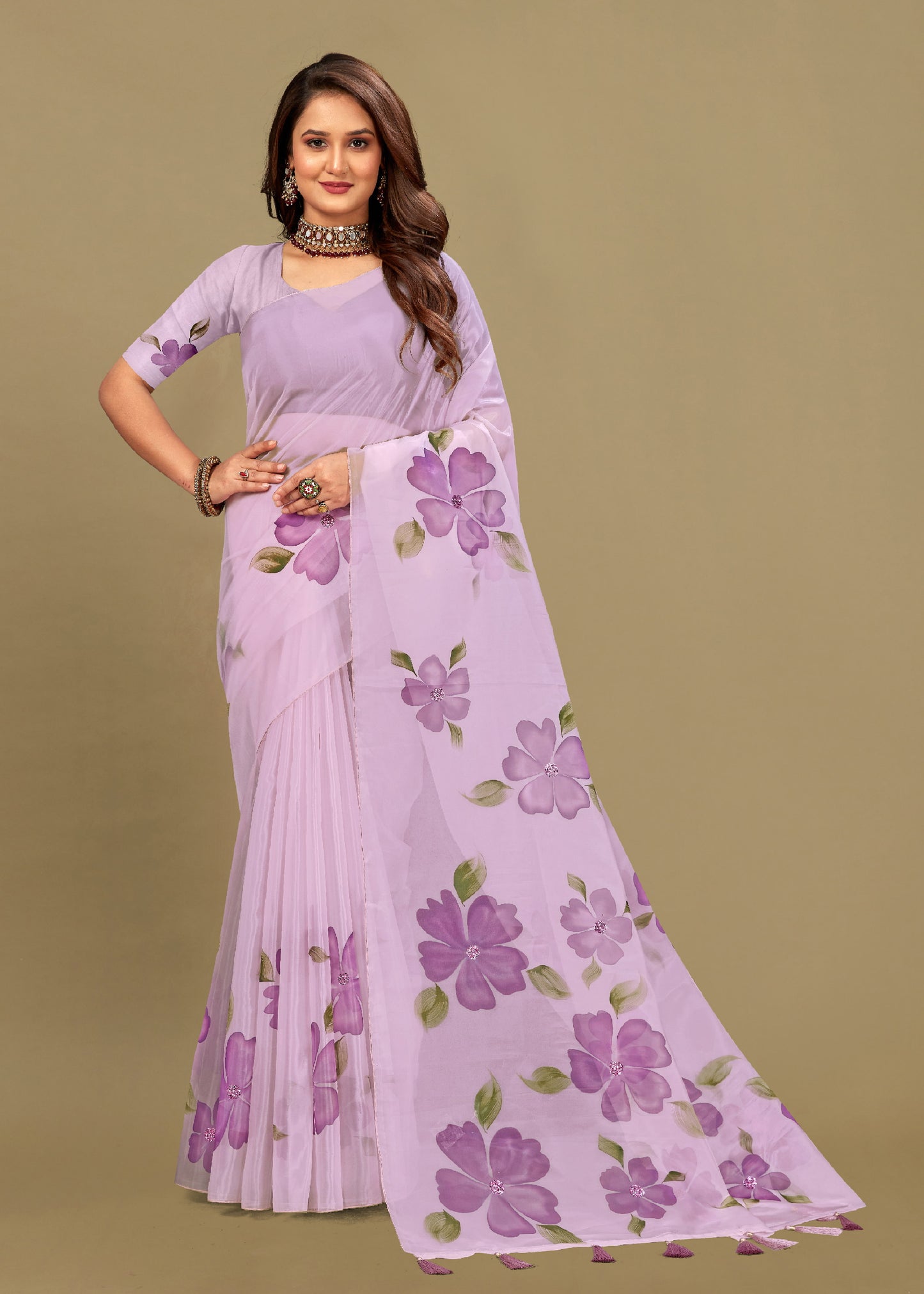 Dreamy Light Purple Organza Saree with Intricate Hand-Painted Florals, Lustrous Crystal Embellishments - Titli Print 15052 Light Purple View 1