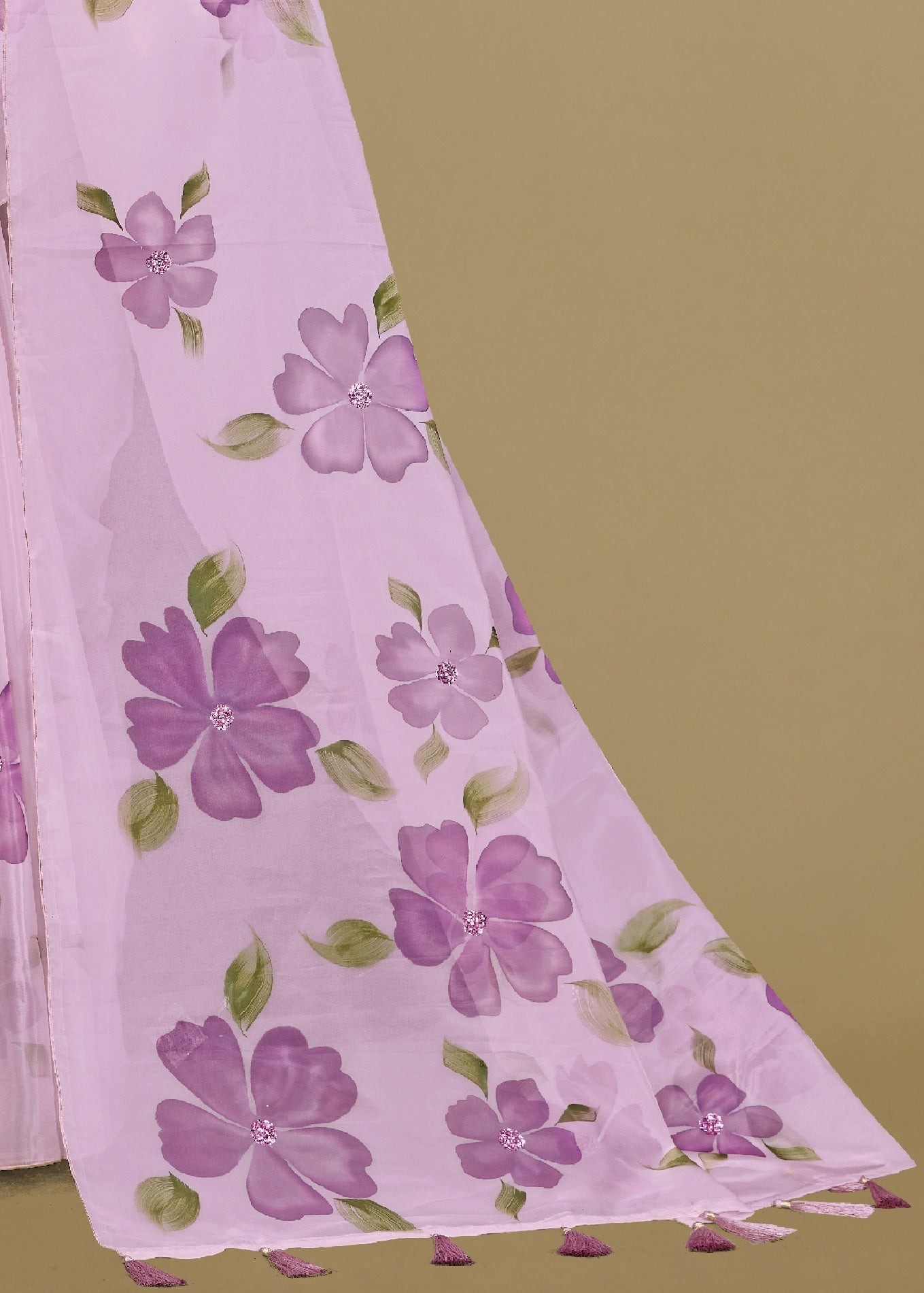 Dreamy Light Purple Organza Saree with Intricate Hand-Painted Florals, Lustrous Crystal Embellishments - Titli Print 15052 Light Purple View 3