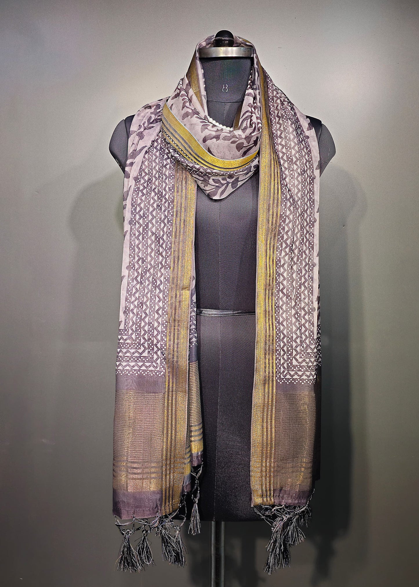 Grey Digital Printed Organza Dupatta With Zari Weave Border