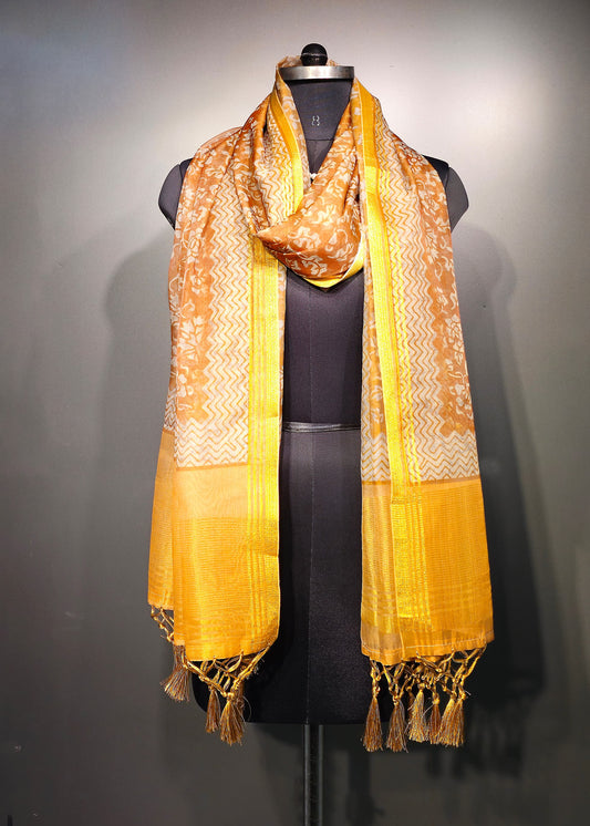 Yellow Digital Printed Organza Dupatta With Zari Weave Border