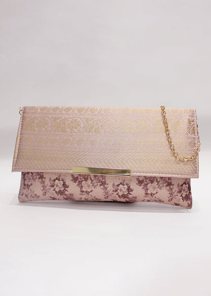 Electric Lavender Zari Woven Art Silk Floral Printed Clutch with Golden Sling - Clutch D. No. 03 P31 Electric Lavender main Product Image