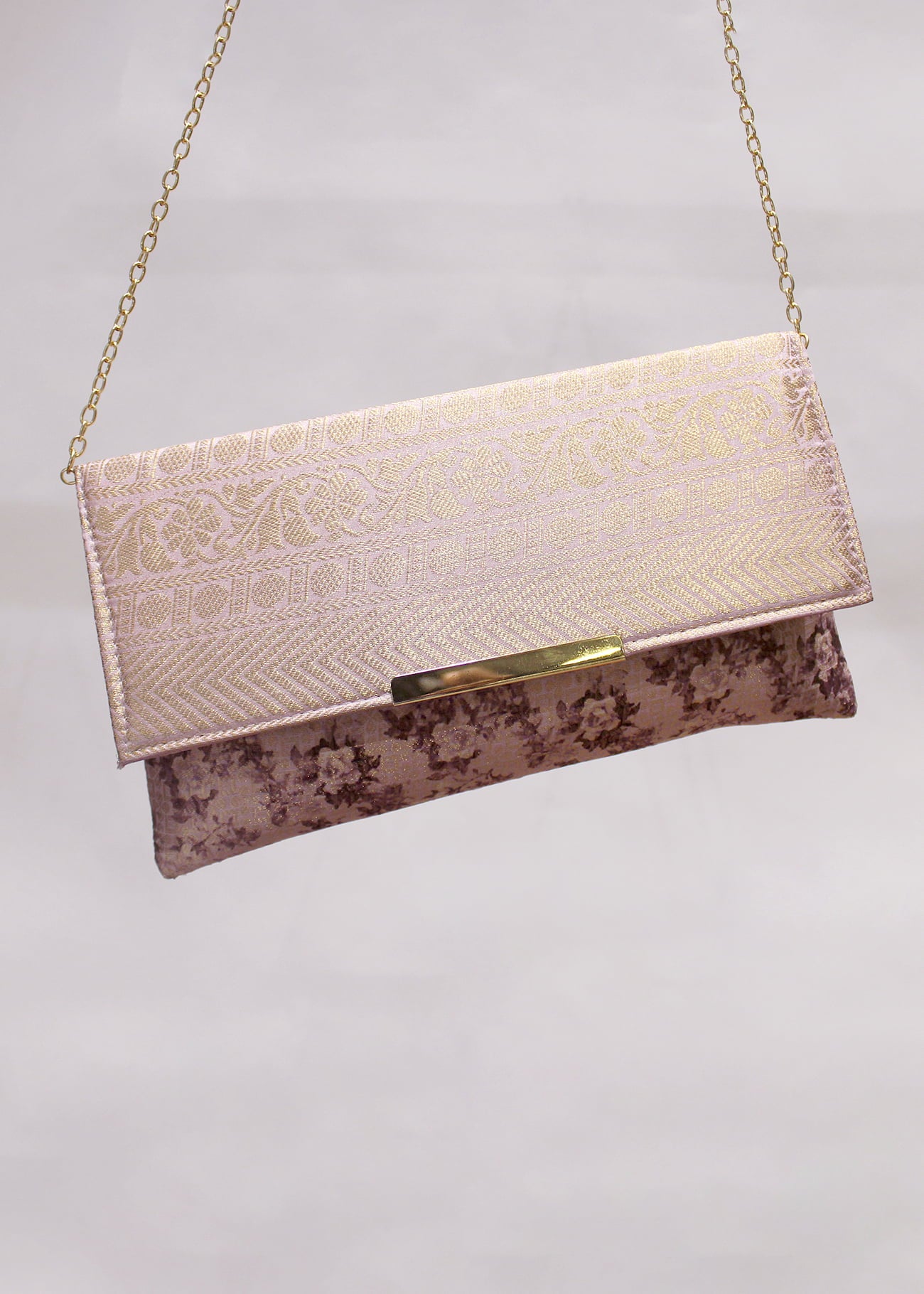 Electric Lavender Zari Woven Art Silk Floral Printed Clutch with Golden Sling - Clutch D. No. 03 P31 Electric Lavender Side view image of Product