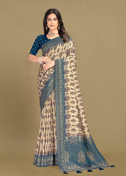 Elegant Beige Tussar Silk Saree with Artistic Batik Digital Prints, Zari Woven Border, Butta and Tassel - Spider Silk 5532 Beige 1