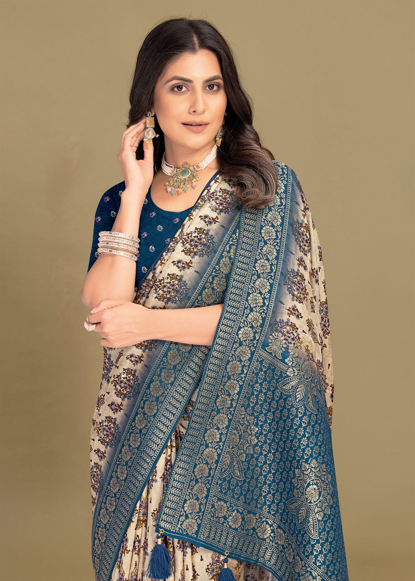 Elegant Beige Tussar Silk Saree with Artistic Batik Digital Prints, Zari Woven Border, Butta and Tassel - Spider Silk 5532 Beige 2