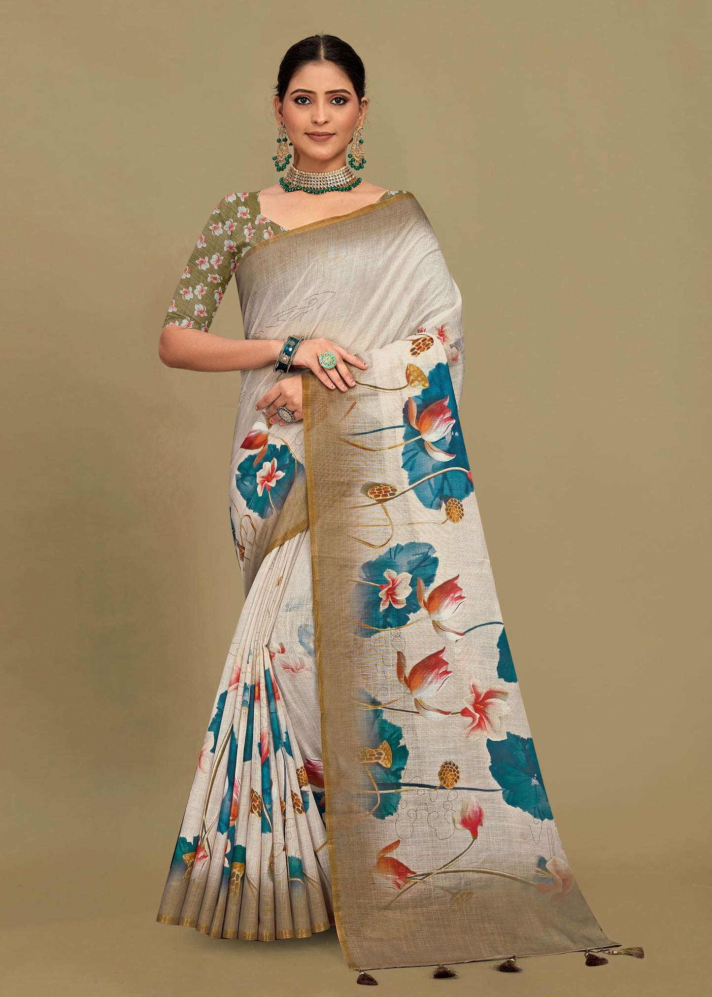 Elegant Cream Linen Silk Saree with Floral Design, Zari Border, and Tassel Detailing - Tapi Prints 51017 Cream 1