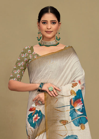 Elegant Cream Linen Silk Saree with Floral Design, Zari Border, and Tassel Detailing - Tapi Prints 51017 Cream 3