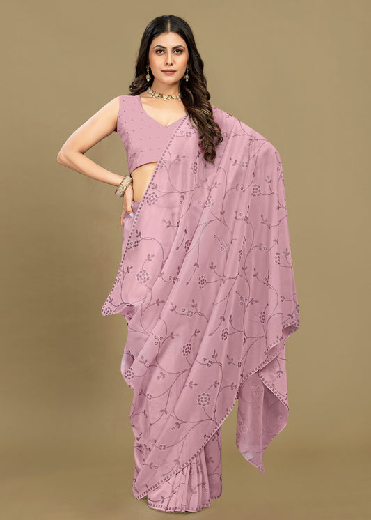 Elegant Lavender Organza Saree Featuring Sparkling Stone and Pearl - Gemini Silk 4419-B Lavender Modeling 1