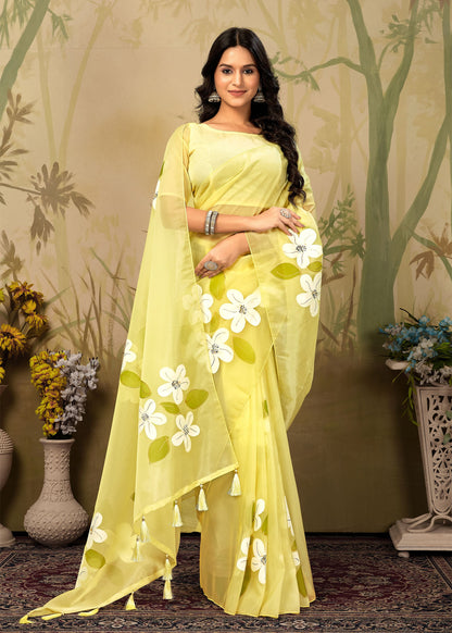 Elegant Light Yellow Floral Hand-Painted Organza Saree Enhanced with Foil Embellishments