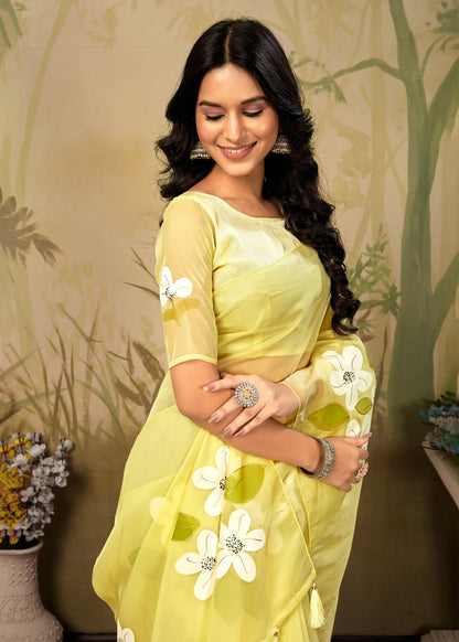 Elegant Light Yellow Floral Hand-Painted Organza Saree Enhanced with Foil Embellishments