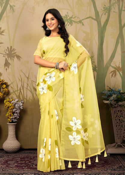 Elegant Light Yellow Floral Hand-Painted Organza Saree Enhanced with Foil Embellishments