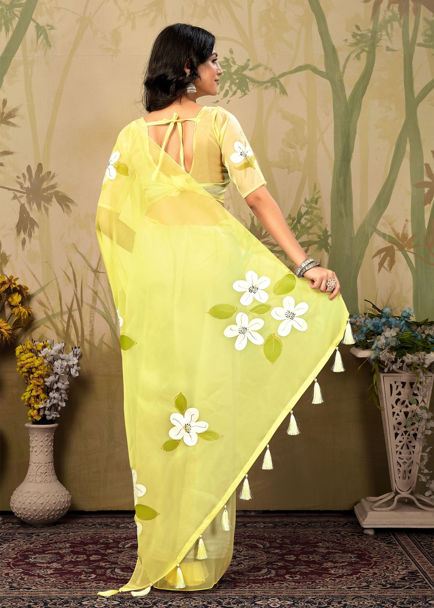 Elegant Light Yellow Floral Hand-Painted Organza Saree Enhanced with Foil Embellishments