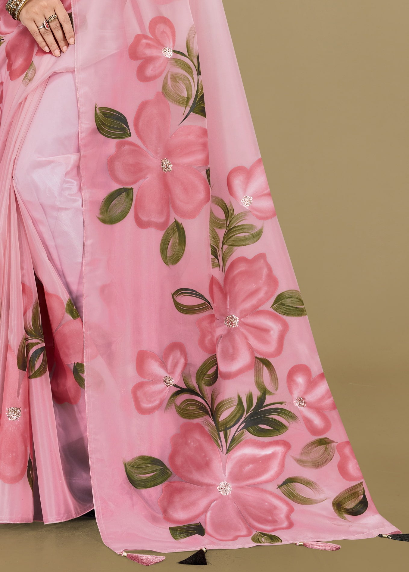 Elegant Rose Pink Organza Saree with Floral Hand-Paint, Crystal Sparkle and Tassel Accents