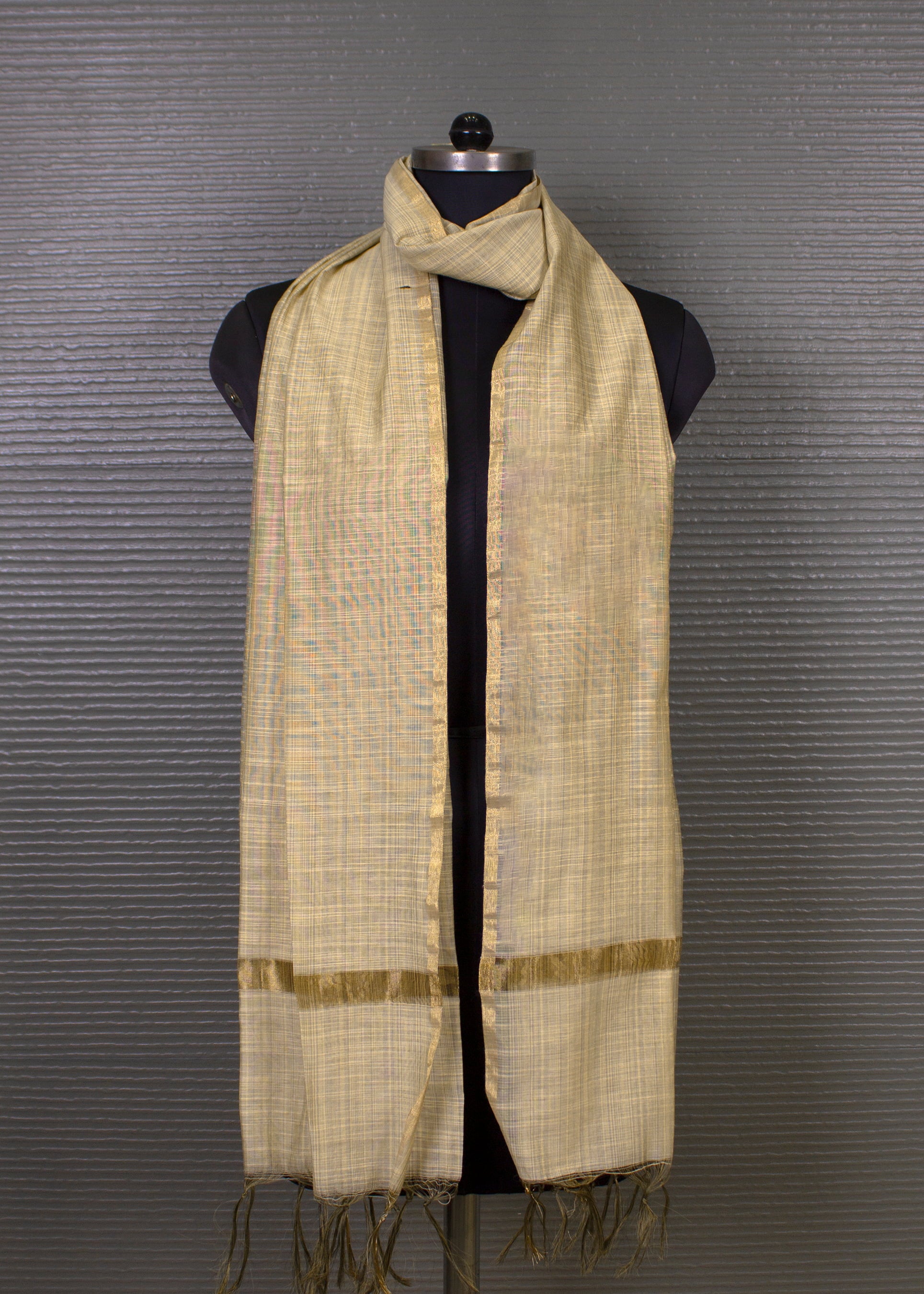 Elegant Sand Khadi Handwoven Dupatta with a Woven Zari Accent - Handwoven 8702 Sand Pose 1