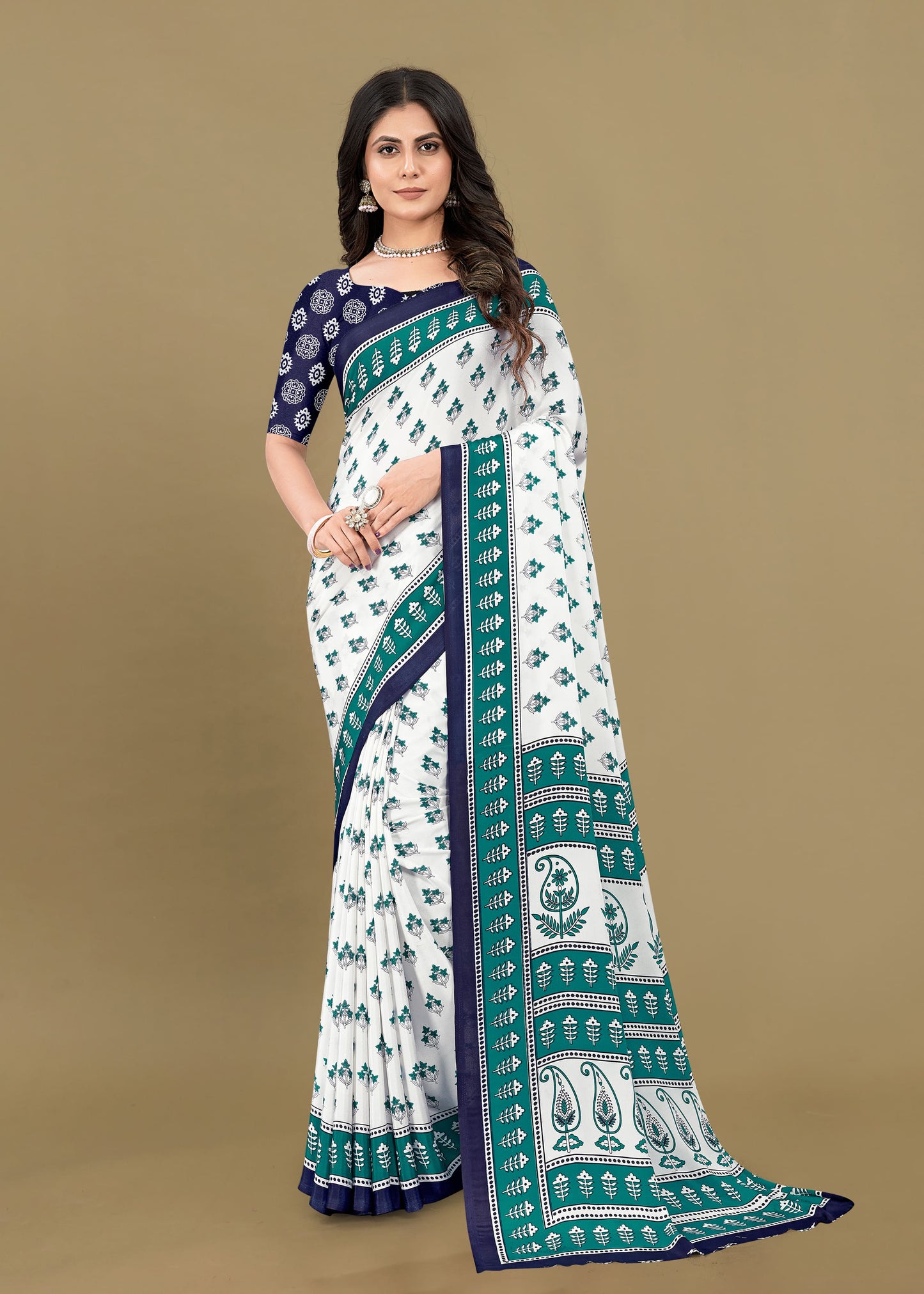 Elegant White Crepe Saree with Floral Designs and Solid Border - Sabarmati Silk 5435-B White Pose 1