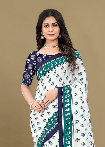 Elegant White Crepe Saree with Floral Designs and Solid Border - Sabarmati Silk 5435-B White Pose 3