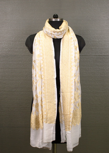 Elegant White Dyeable Georgette Dupatta with Intricate Handwoven Floral Zari Work - Handwoven 8705 White Front Look