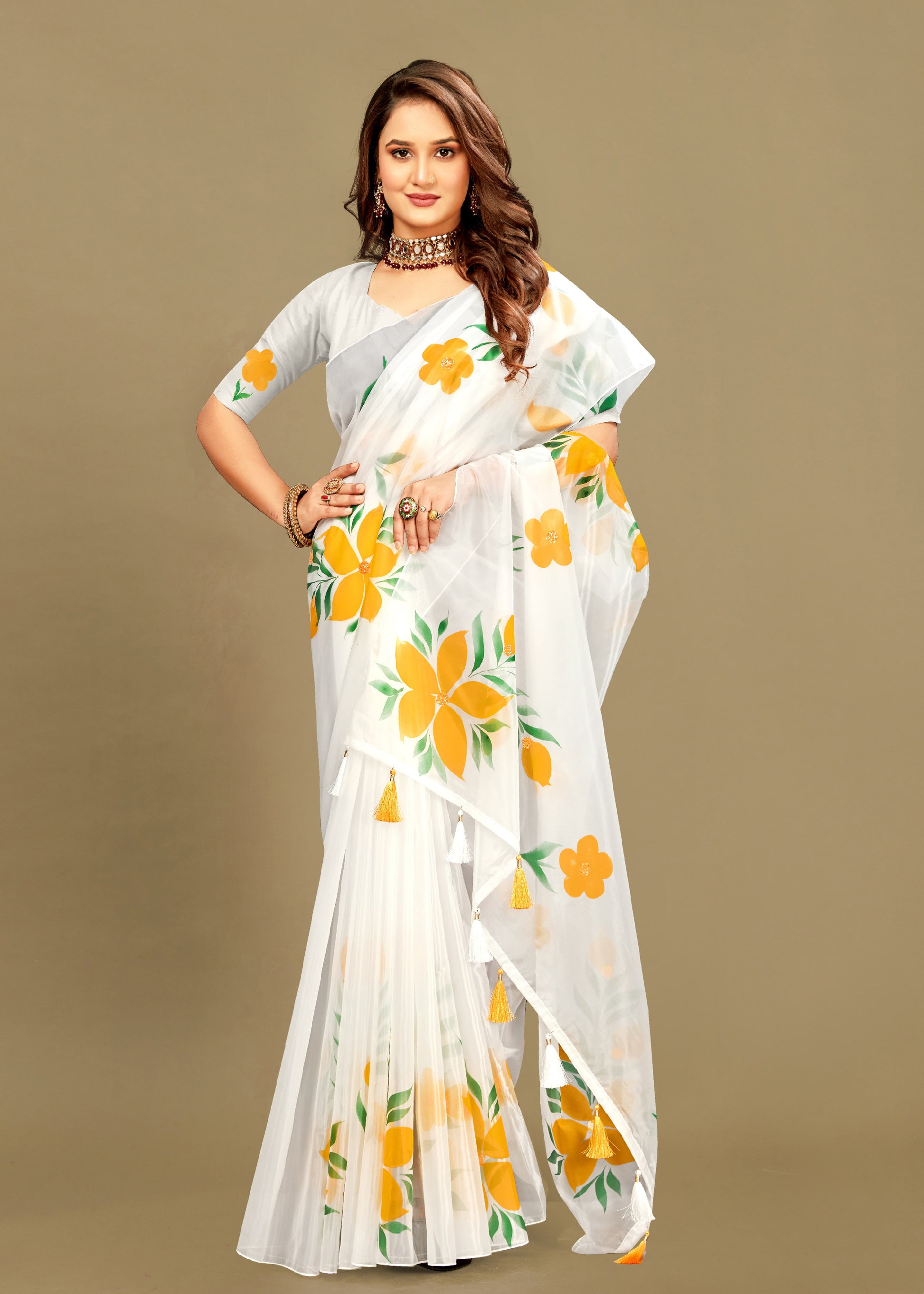 Elegant White Organza Saree Adorned with Crystal Embellishments, Hand-Painted Florals, and Delicate Tassels - Titli Print 15058 White Modeling 1