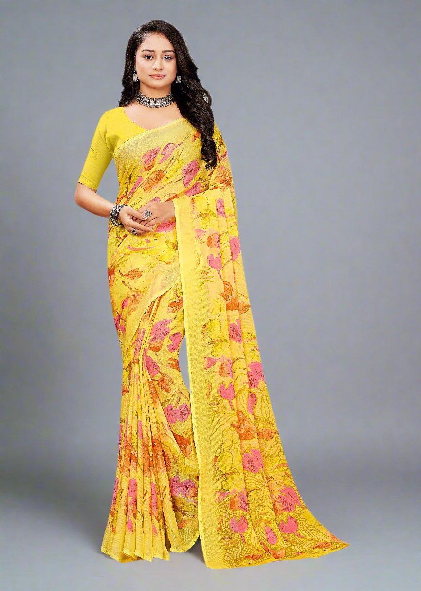 Elegant Yellow Floral Abstract Printed Chiffon Saree with Defined Border - Heritage Silk D. No.4264-A Yellow Image 1