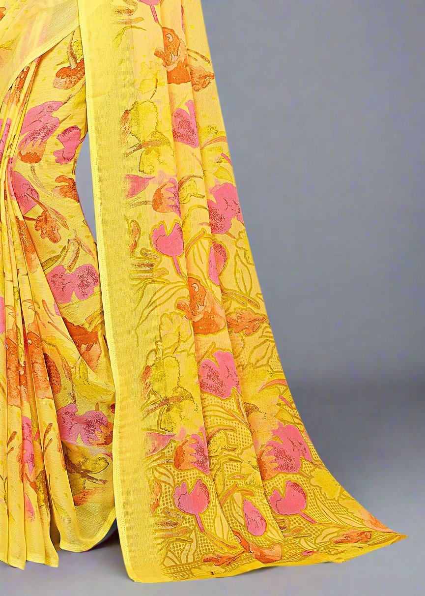 Elegant Yellow Floral Abstract Printed Chiffon Saree with Defined Border - Heritage Silk D. No.4264-A Yellow Image 3