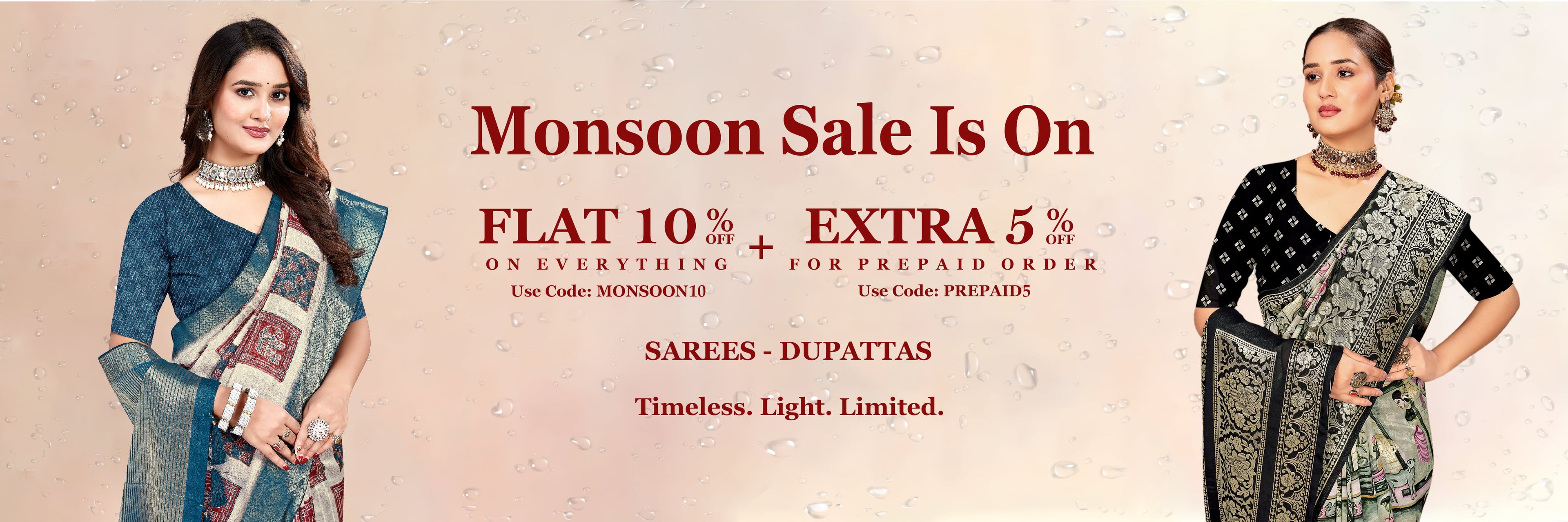 Elegant woman in silk saree enjoying rain during Monsoon Saree Sale – up to 40% off on printed, silk, and organza sarees.