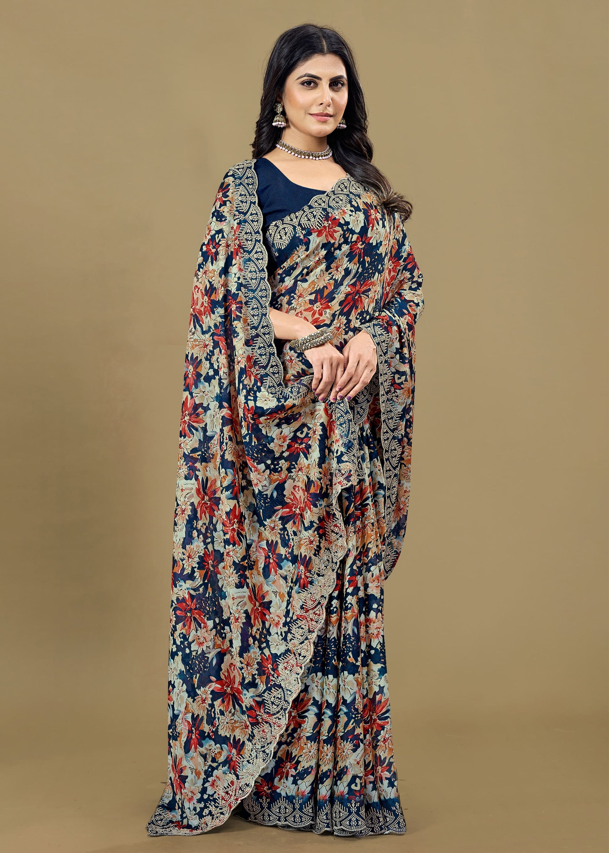 Embroidered Navy Blue Silk Georgette Saree Featuring Floral Prints and Cutwork Detailing - Rupam Prints 91026-D Navy Blue First Image