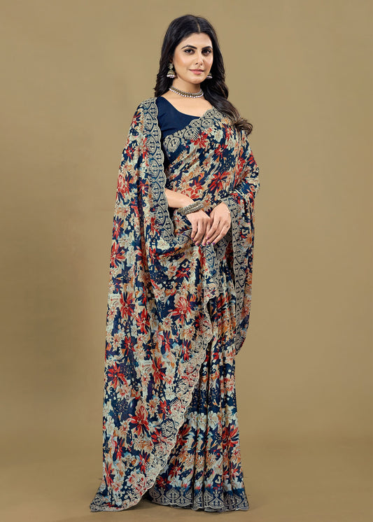 Embroidered Navy Blue Silk Georgette Saree Featuring Floral Prints and Cutwork Detailing - Rupam Prints 91026-D Navy Blue First Image