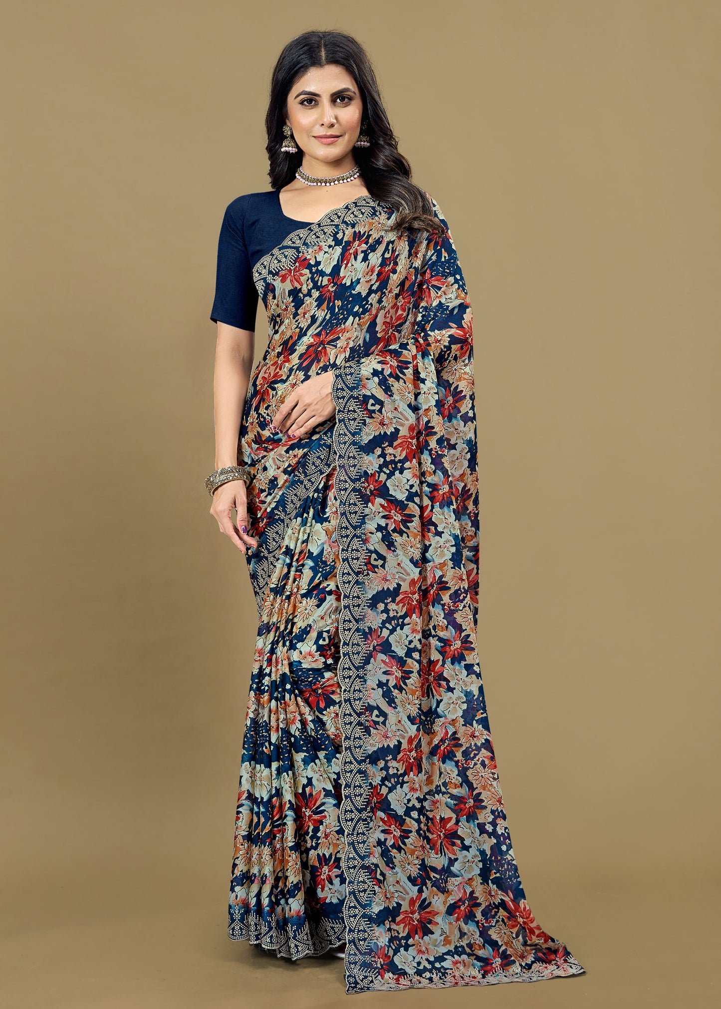 Embroidered Navy Blue Silk Georgette Saree Featuring Floral Prints and Cutwork Detailing - Rupam Prints 91026-D Navy Blue Second Image