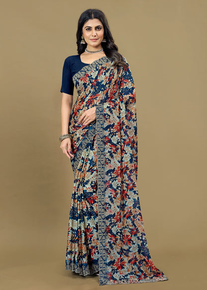 Embroidered Navy Blue Silk Georgette Saree Featuring Floral Prints and Cutwork Detailing - Rupam Prints 91026-D Navy Blue Second Image