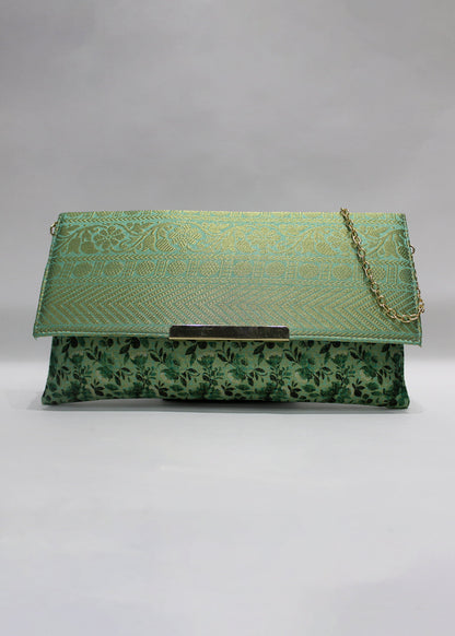 Emerald Green Zari Woven Art Silk Floral Printed Clutch with Golden Sling - Clutch D. No. 04 P1 Emerald Green Full Image