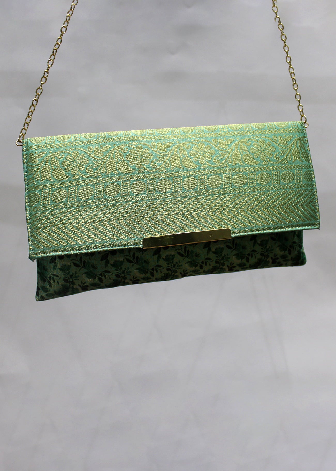 Emerald Green Zari Woven Art Silk Floral Printed Clutch with Golden Sling - Clutch D. No. 04 P1 Emerald Green Second Image