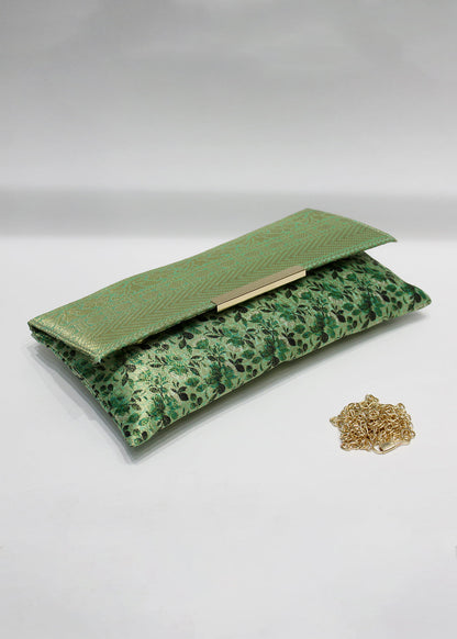 Emerald Green Zari Woven Art Silk Floral Printed Clutch with Golden Sling - Clutch D. No. 04 P1 Emerald Green Side Image